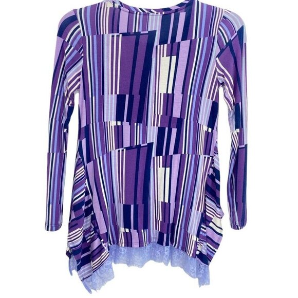 LOGO Lori Goldstein Tunic Top Size XS Striped Purple Lace Bottom Long Sleeve - Picture 5 of 8